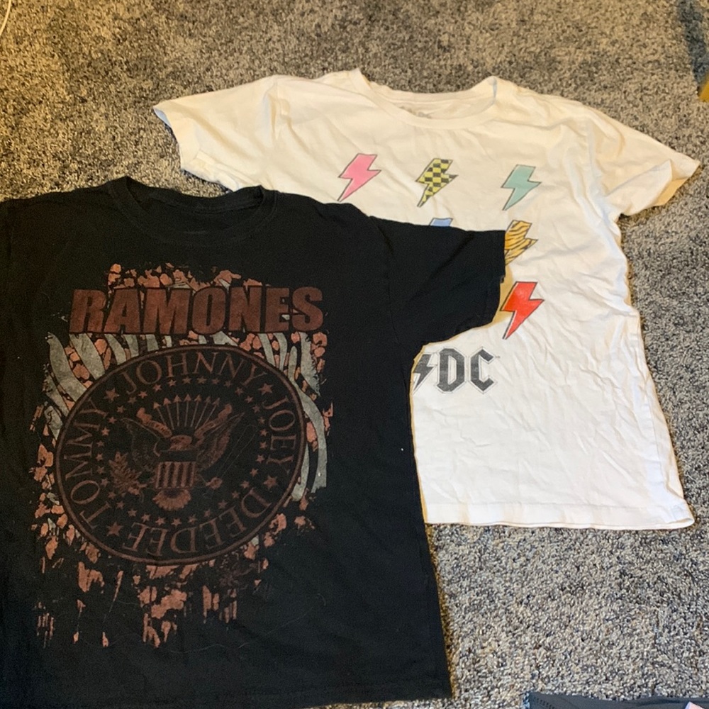 White AC/DC T shirt and black Ramones T shirt, both size Xs